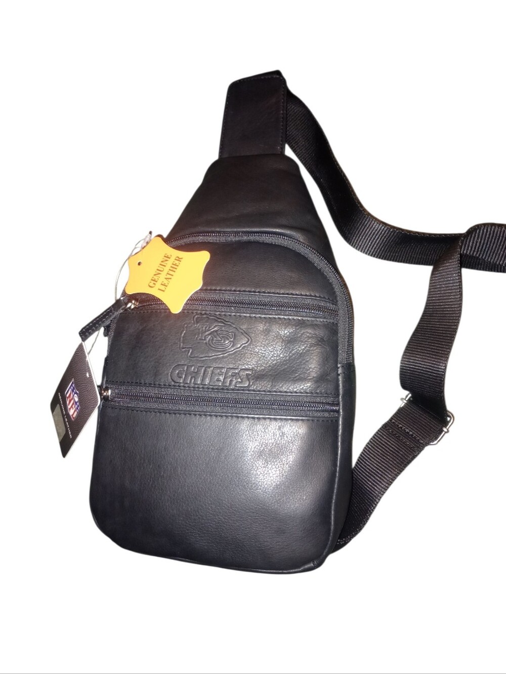 NFL Genuine Leather Black  Sling Bag with Chiefs Embossing, NWT